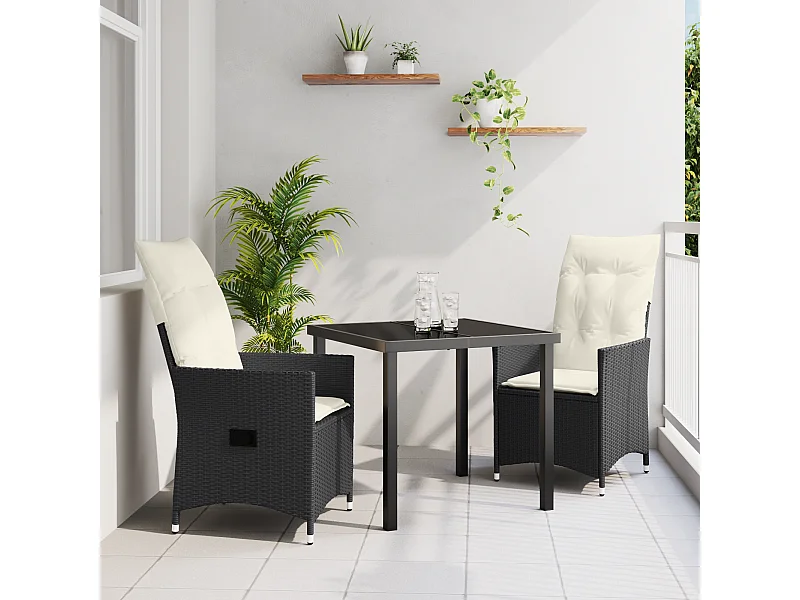 Set da pranzo da giardino 3 pezzi con cuscini in polyrattan nero