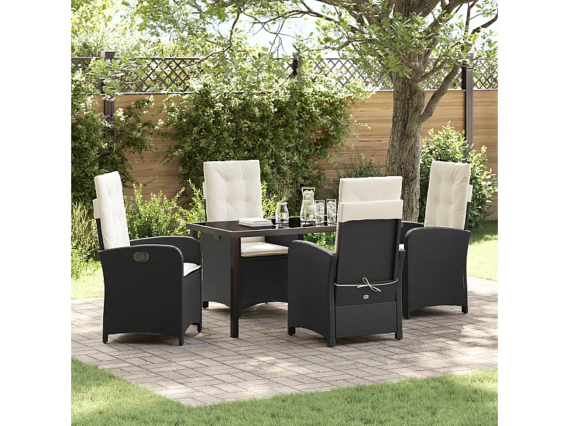 5-teiliges Garten-Ess-Set mit Kissen, schwarzes Polyrattan