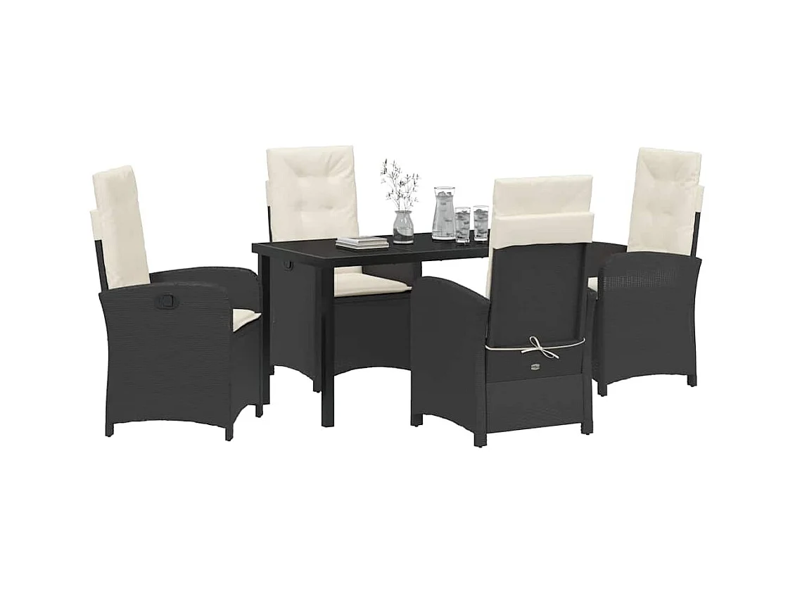 Set da pranzo da giardino 5 pezzi con cuscini in polyrattan nero