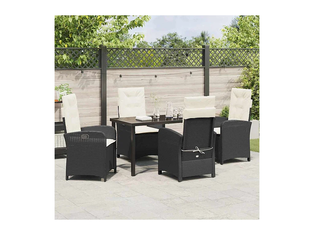 Set da pranzo da giardino 5 pezzi con cuscini in polyrattan nero