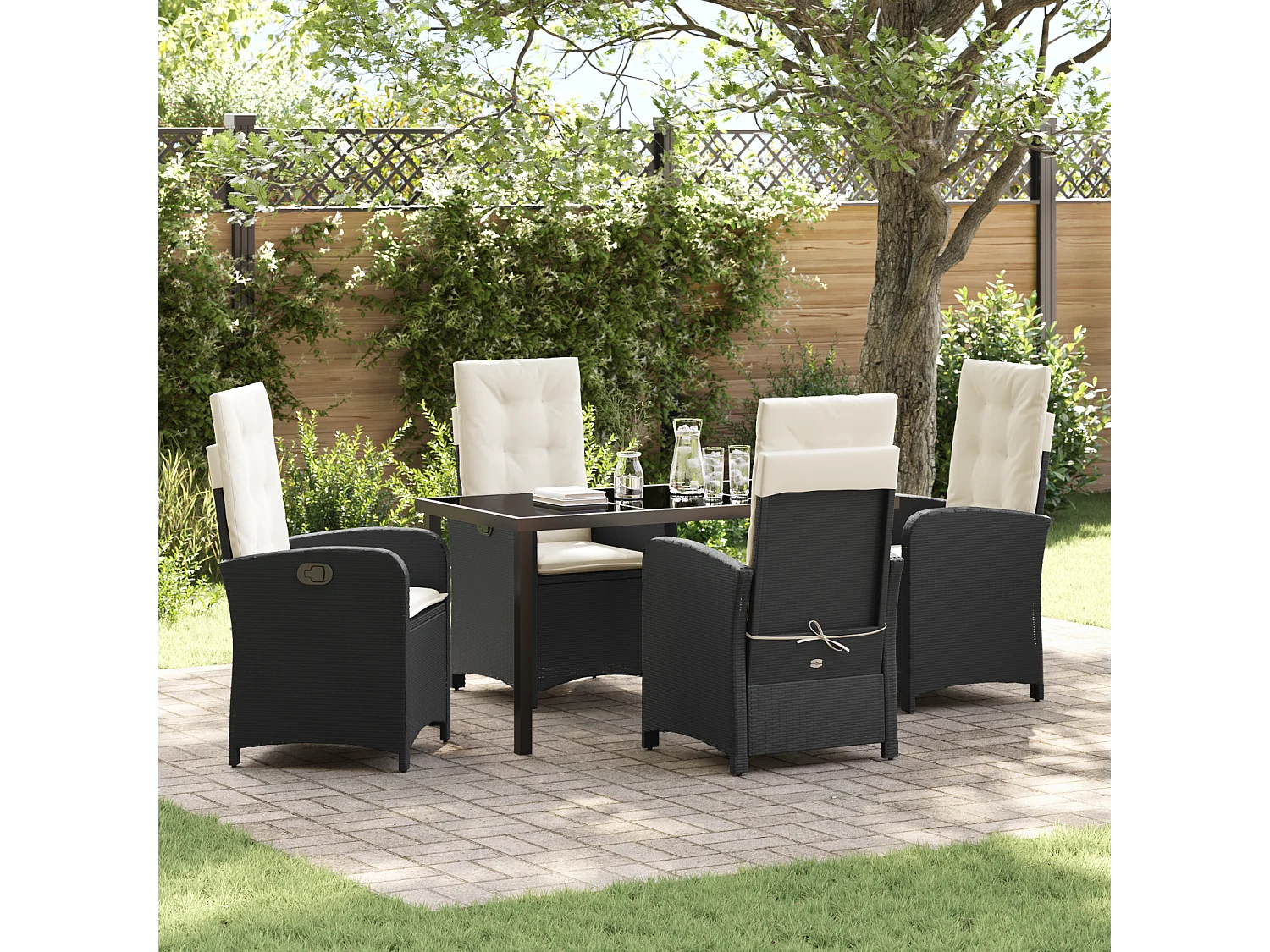 Set da pranzo da giardino 5 pezzi con cuscini in polyrattan nero