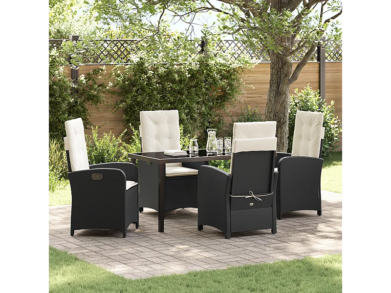 Set da pranzo da giardino 5 pezzi con cuscini in polyrattan nero