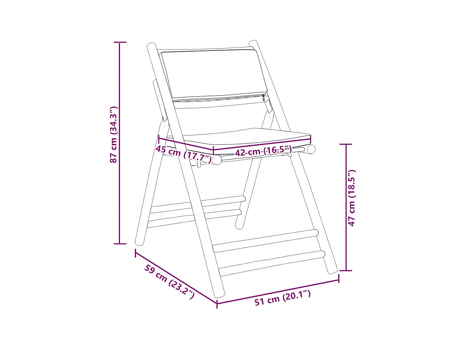 Chaises de bistro pliantes lot de 2 et coussins blanc crème