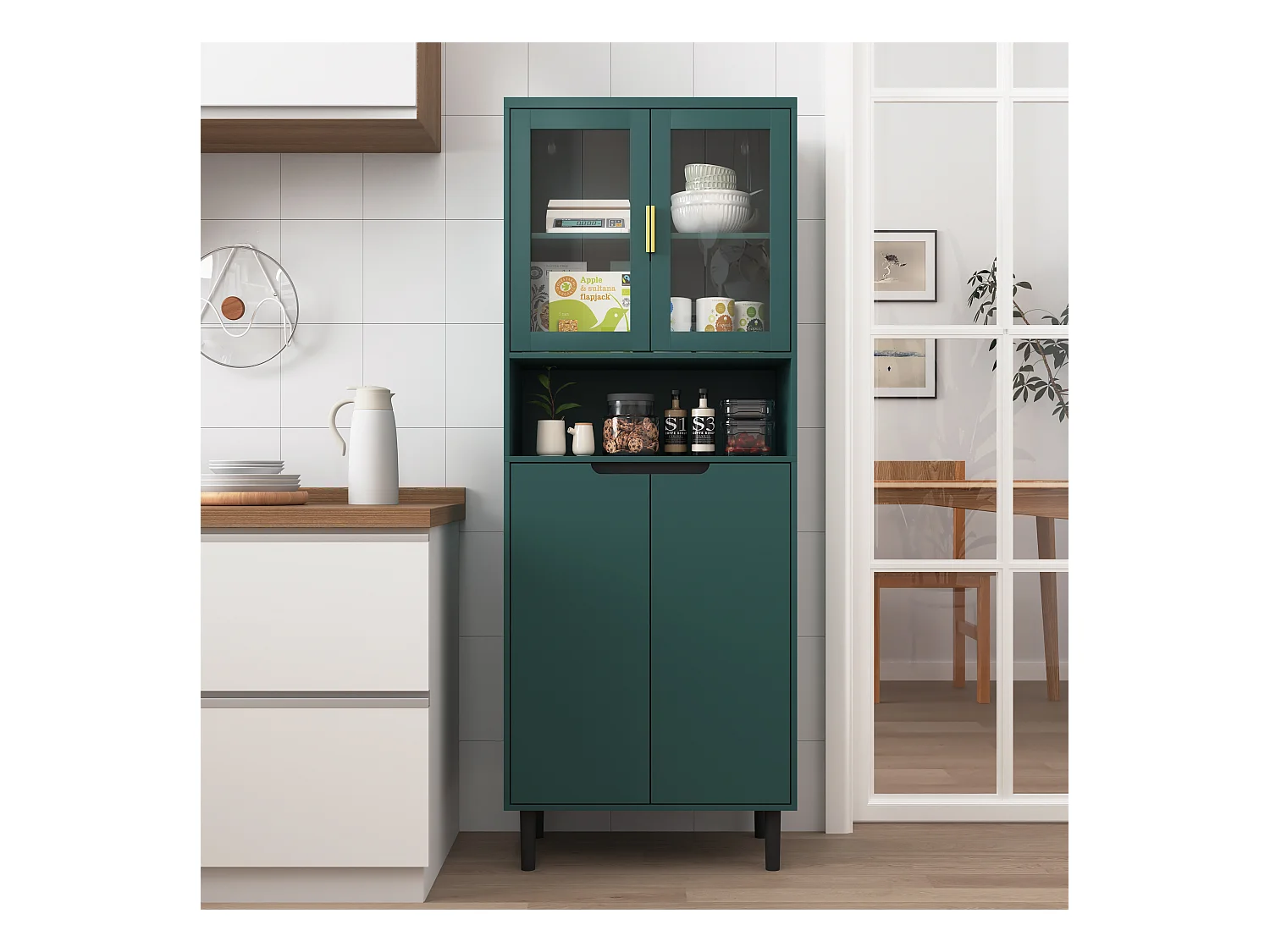 Bibliothèque avec portes en verre trempé, étagères réglables, MDF laqué, vert (60x35x160 cm)