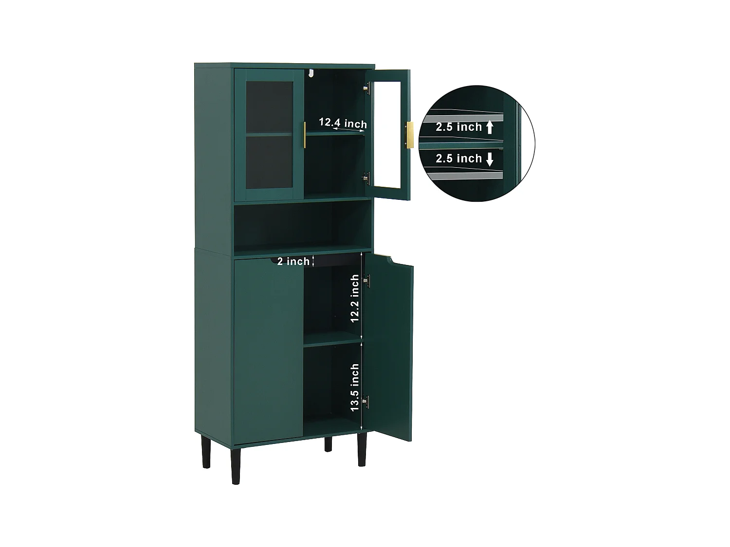 Bibliothèque avec portes en verre trempé, étagères réglables, MDF laqué, vert (60x35x160 cm)