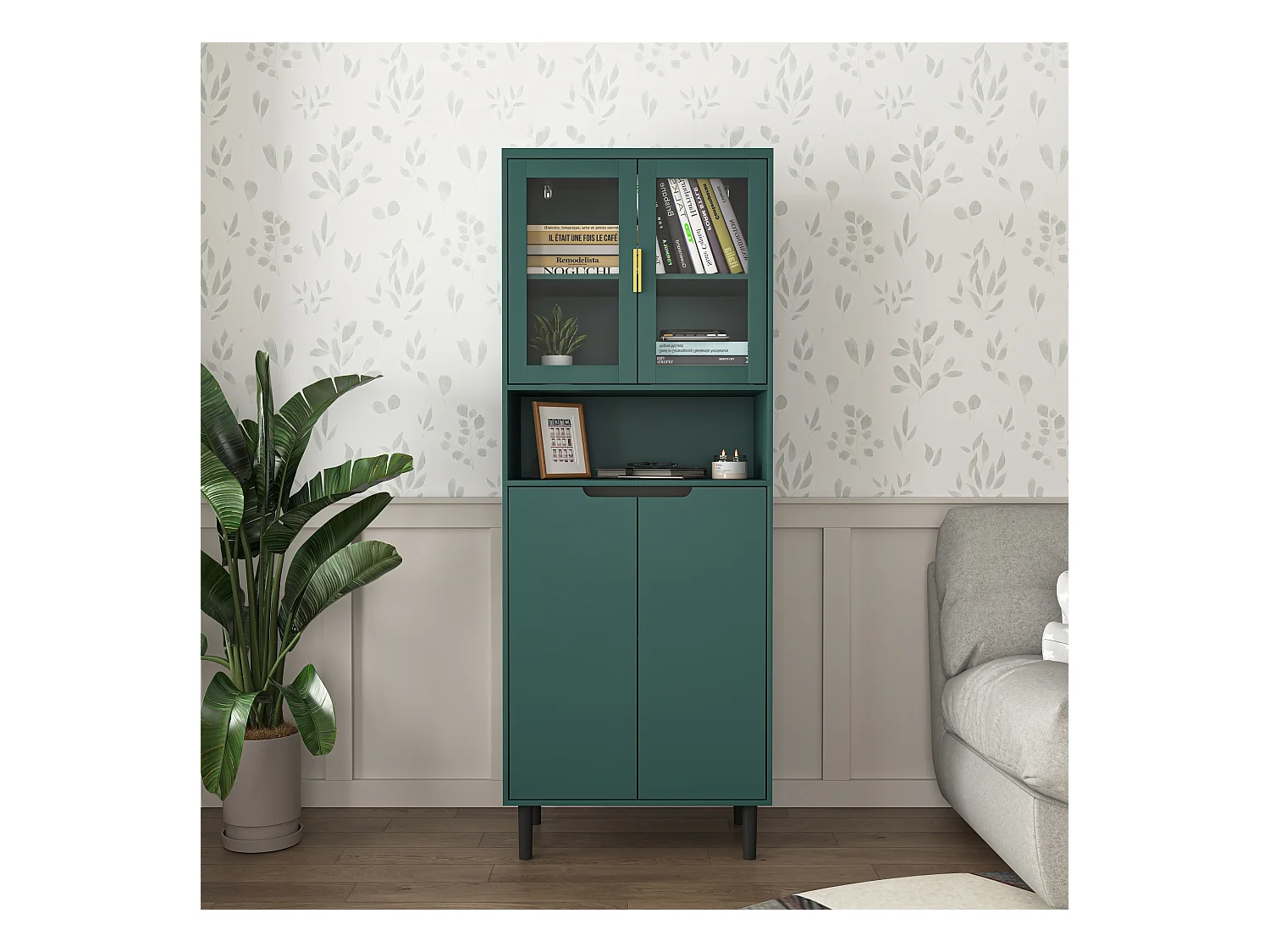 Bibliothèque avec portes en verre trempé, étagères réglables, MDF laqué, vert (60x35x160 cm)