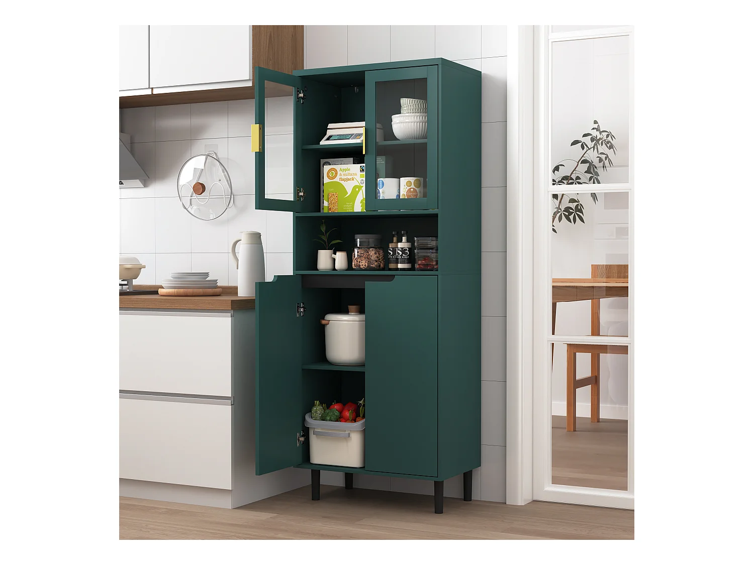 Bibliothèque avec portes en verre trempé, étagères réglables, MDF laqué, vert (60x35x160 cm)