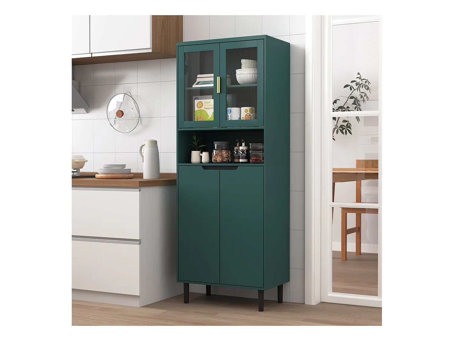 Bibliothèque avec portes en verre trempé, étagères réglables, MDF laqué, vert (60x35x160 cm)