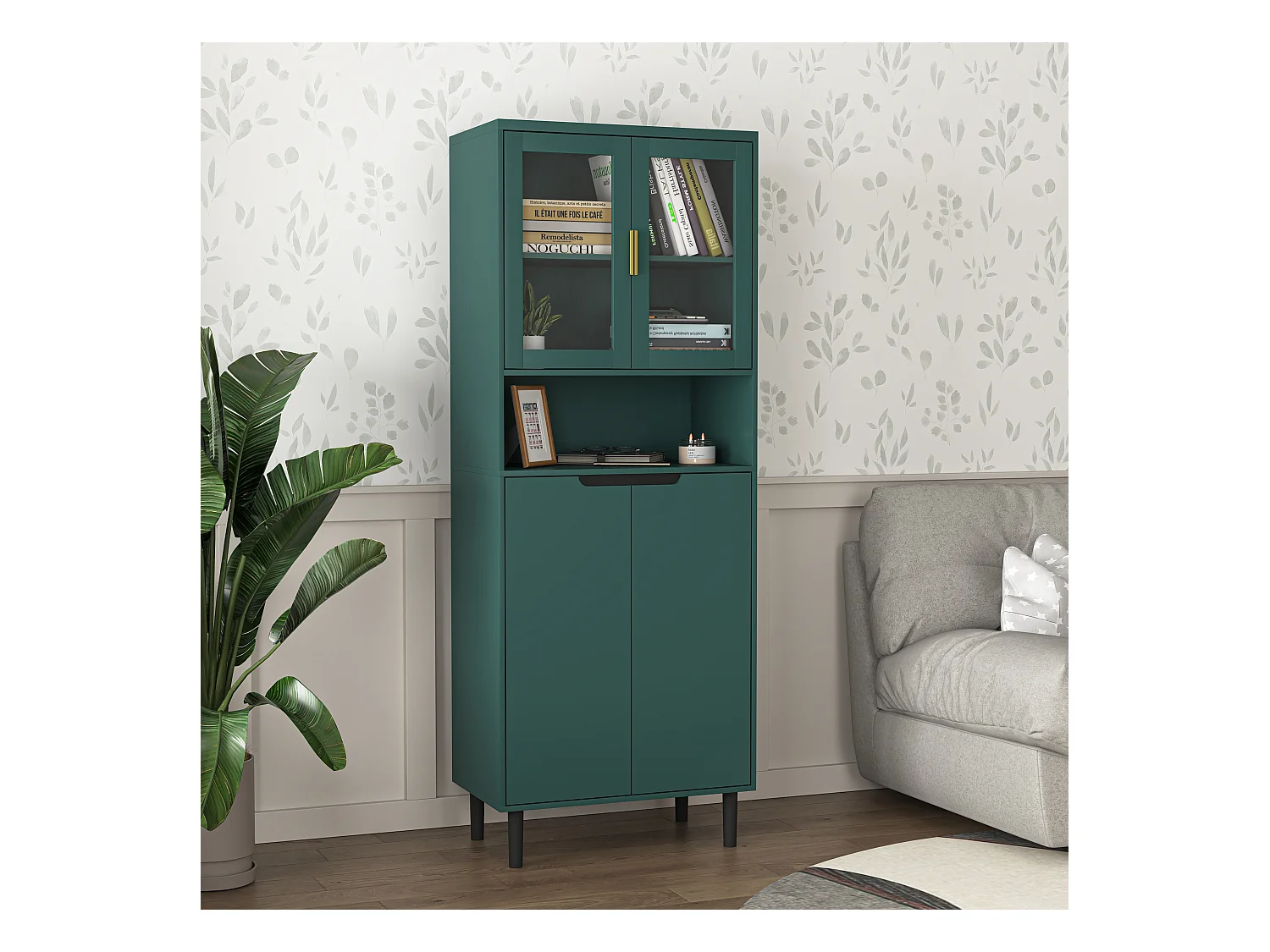 Bibliothèque avec portes en verre trempé, étagères réglables, MDF laqué, vert (60x35x160 cm)