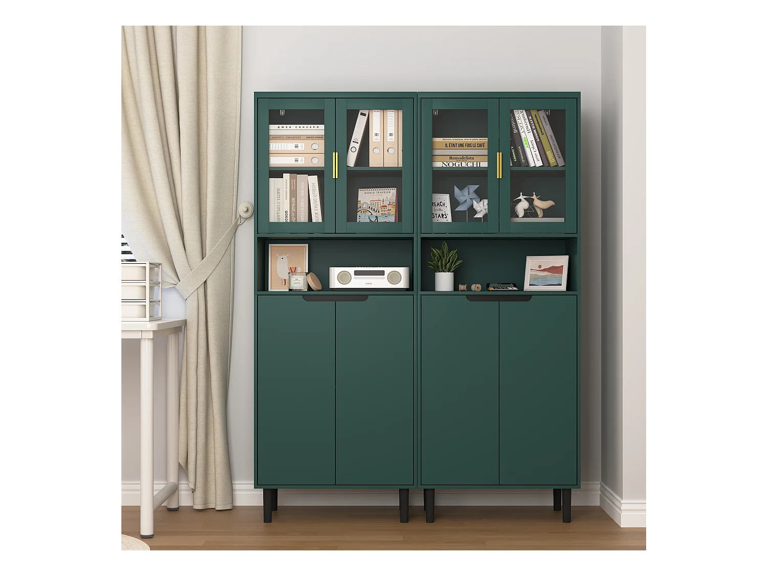 Bibliothèque avec portes en verre trempé, étagères réglables, MDF laqué, vert (60x35x160 cm)