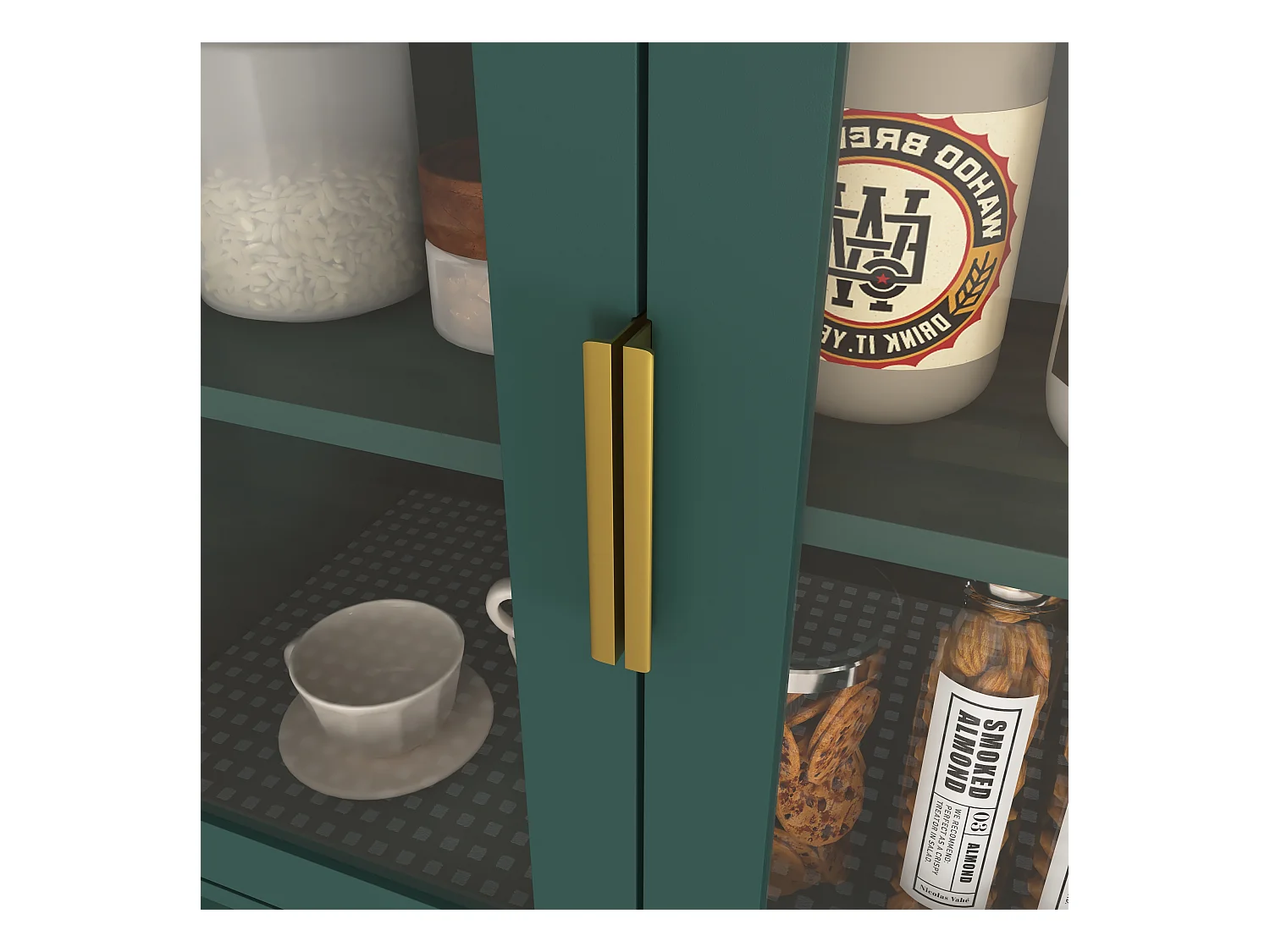 Bibliothèque avec portes en verre trempé, étagères réglables, MDF laqué, vert (60x35x160 cm)