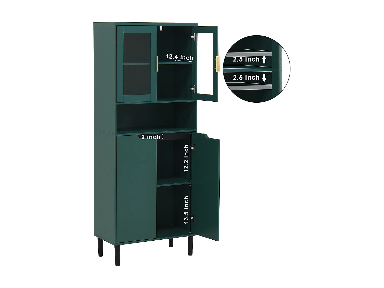 Boekenkast met gehard glazen deuren, verstelbare planken, gelakt MDF, groen (60x35x160 cm)