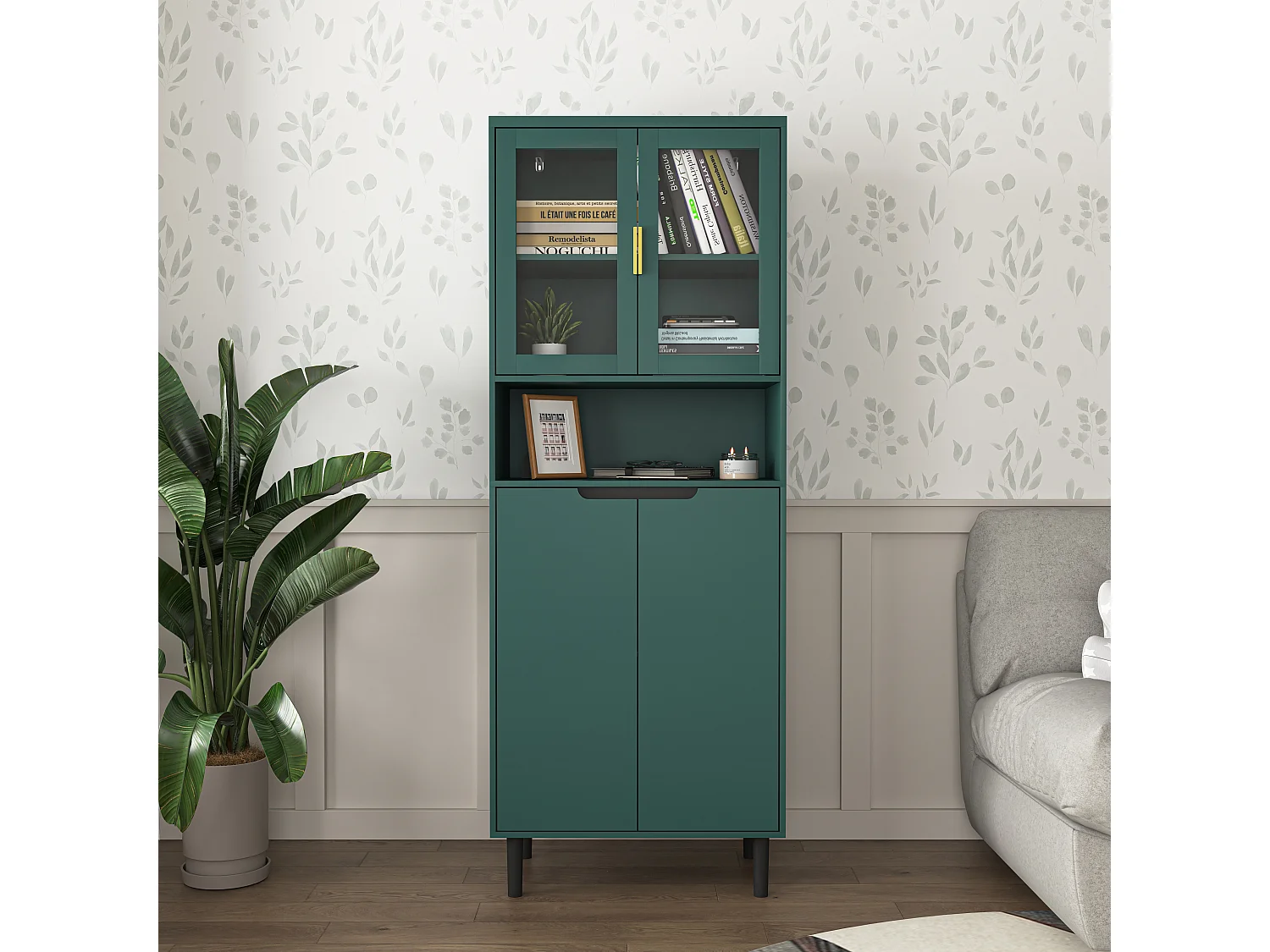 Boekenkast met gehard glazen deuren, verstelbare planken, gelakt MDF, groen (60x35x160 cm)