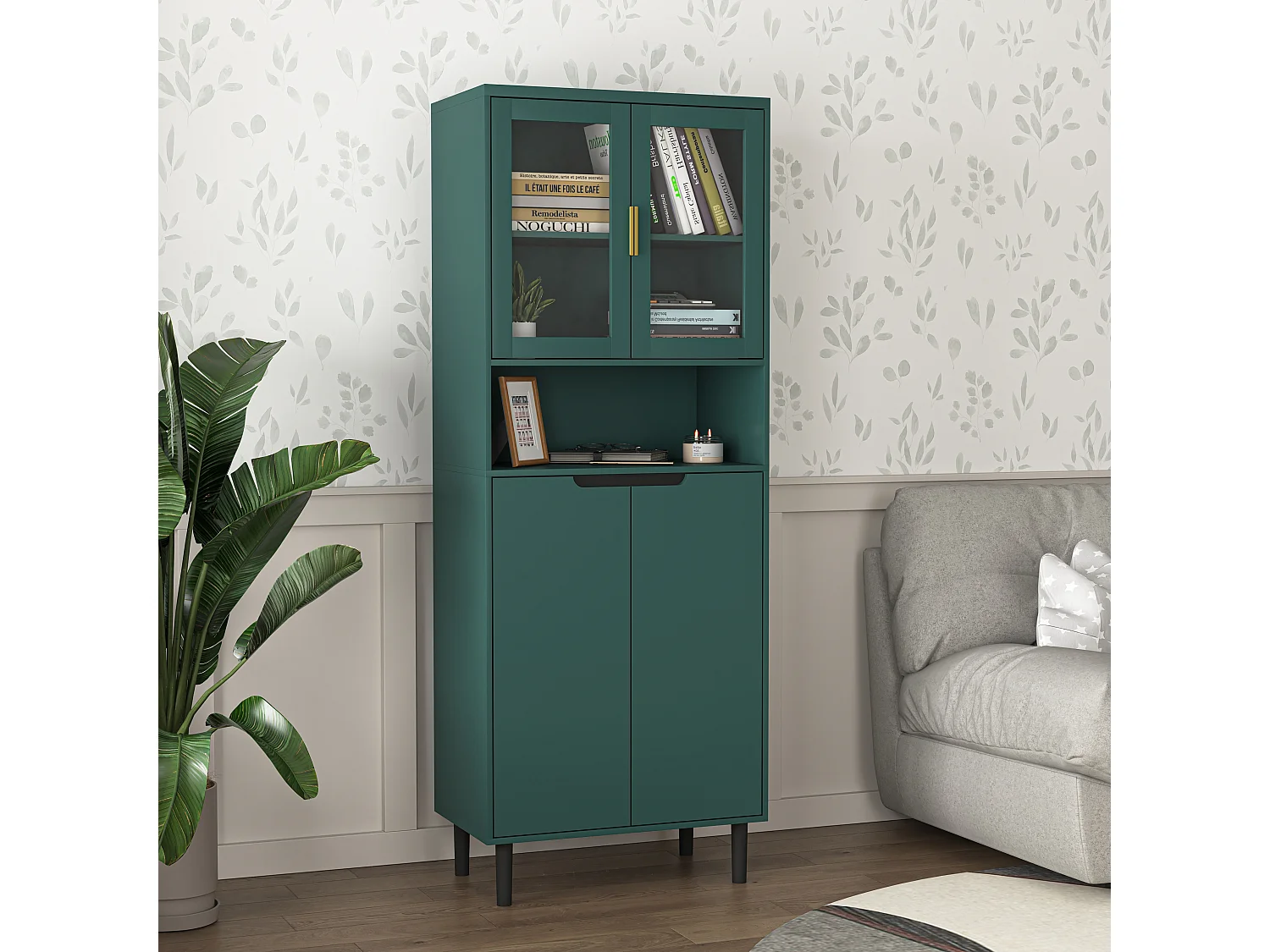 Boekenkast met gehard glazen deuren, verstelbare planken, gelakt MDF, groen (60x35x160 cm)