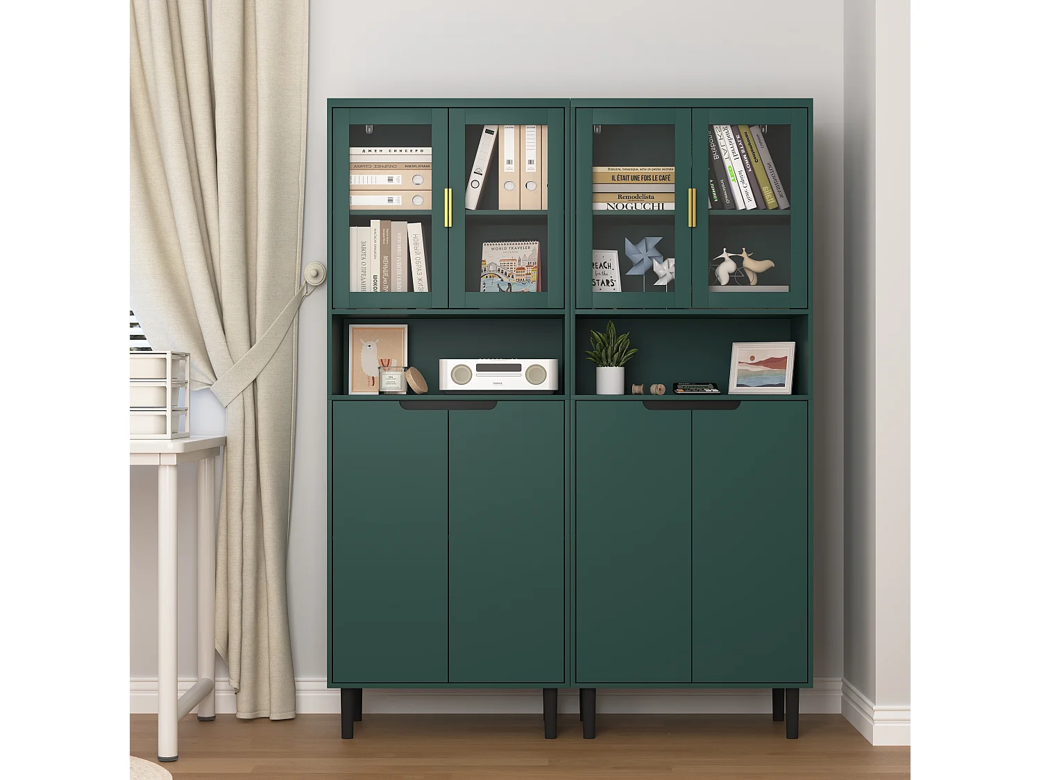 Boekenkast met gehard glazen deuren, verstelbare planken, gelakt MDF, groen (60x35x160 cm)