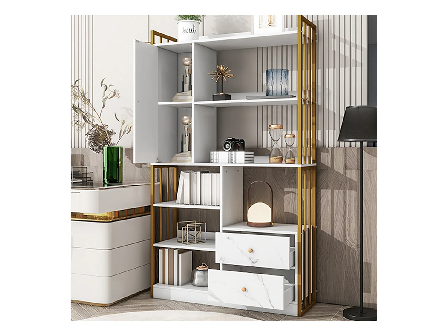 Boekenkast met 6 planken, verticale planken met deuren en laden, industriële metalen planken (100x30x173,5 cm)