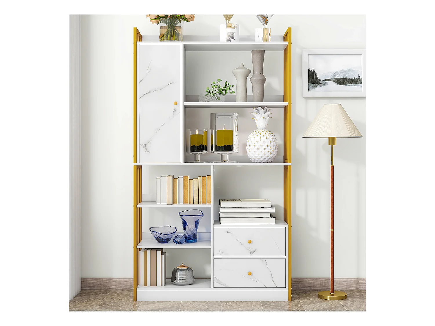 Boekenkast met 6 planken, verticale planken met deuren en laden, industriële metalen planken (100x30x173,5 cm)