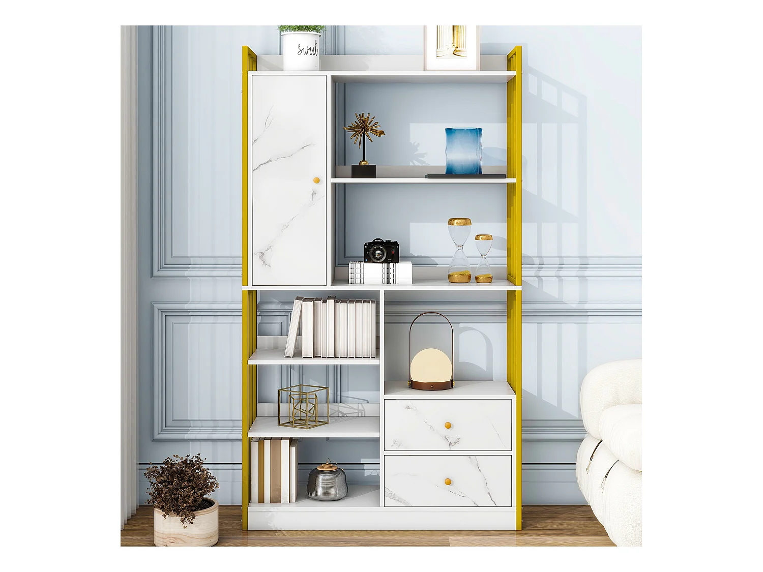 Boekenkast met 6 planken, verticale planken met deuren en laden, industriële metalen planken (100x30x173,5 cm)