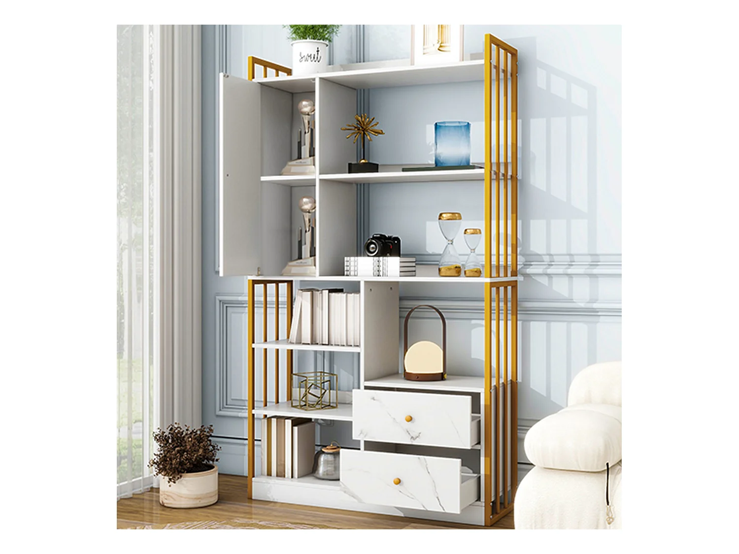 Boekenkast met 6 planken, verticale planken met deuren en laden, industriële metalen planken (100x30x173,5 cm)