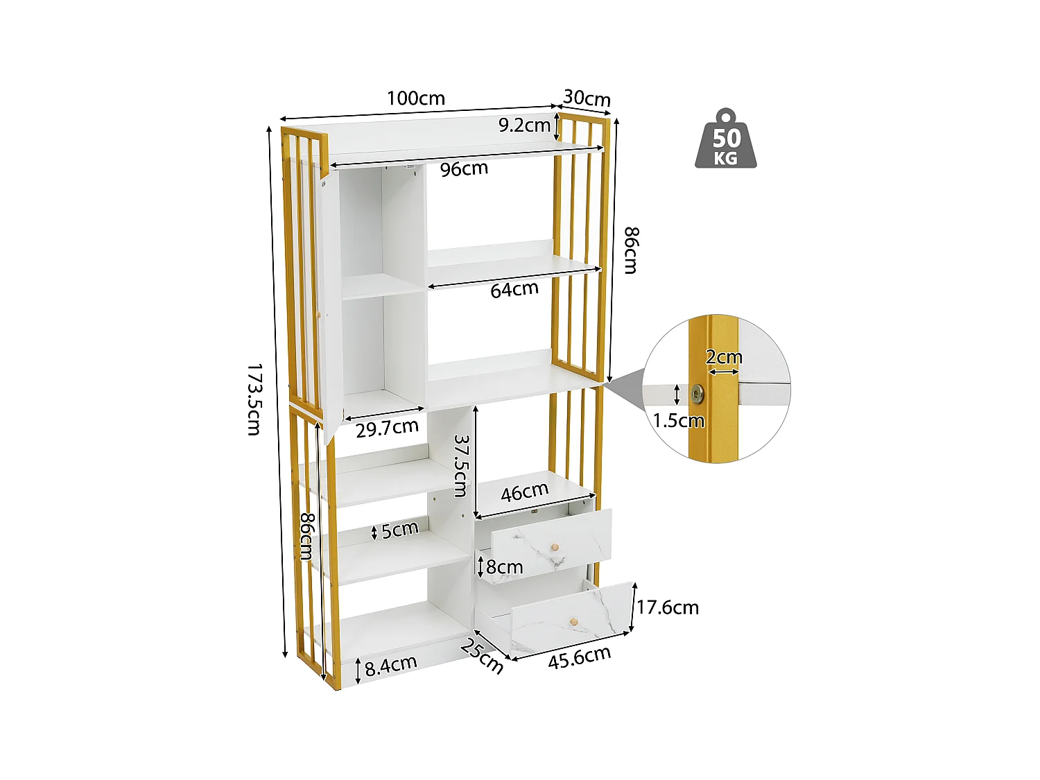Boekenkast met 6 planken, verticale planken met deuren en laden, industriële metalen planken (100x30x173,5 cm)