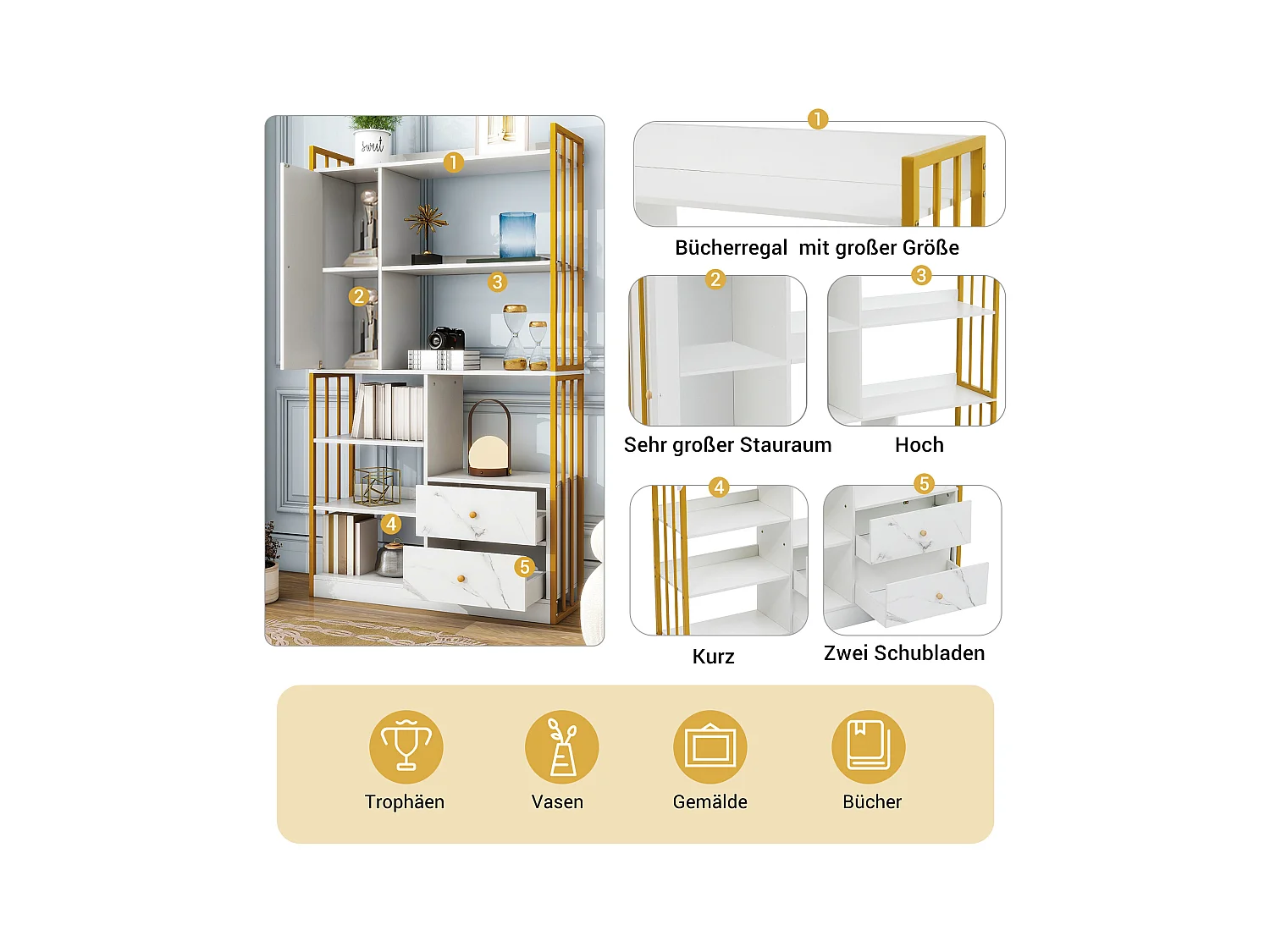 Boekenkast met 6 planken, verticale planken met deuren en laden, industriële metalen planken (100x30x173,5 cm)