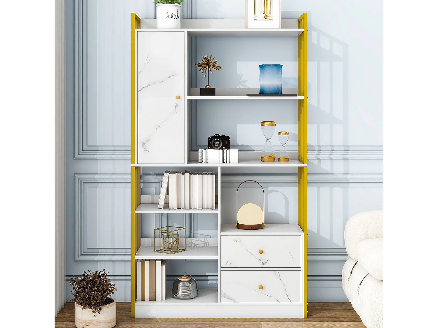 Boekenkast met 6 planken, verticale planken met deuren en laden, industriële metalen planken (100x30x173,5 cm)