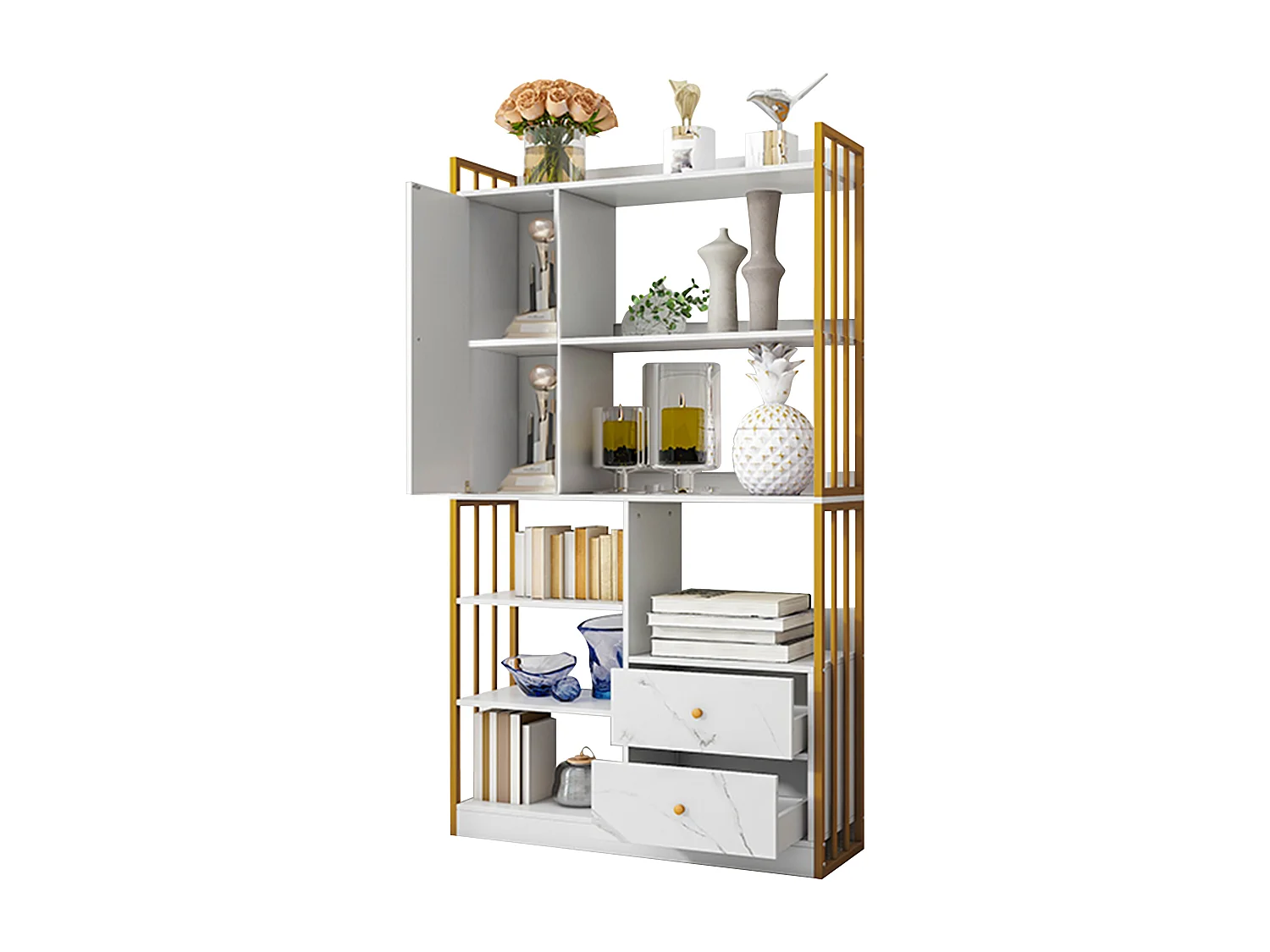 Boekenkast met 6 planken, verticale planken met deuren en laden, industriële metalen planken (100x30x173,5 cm)