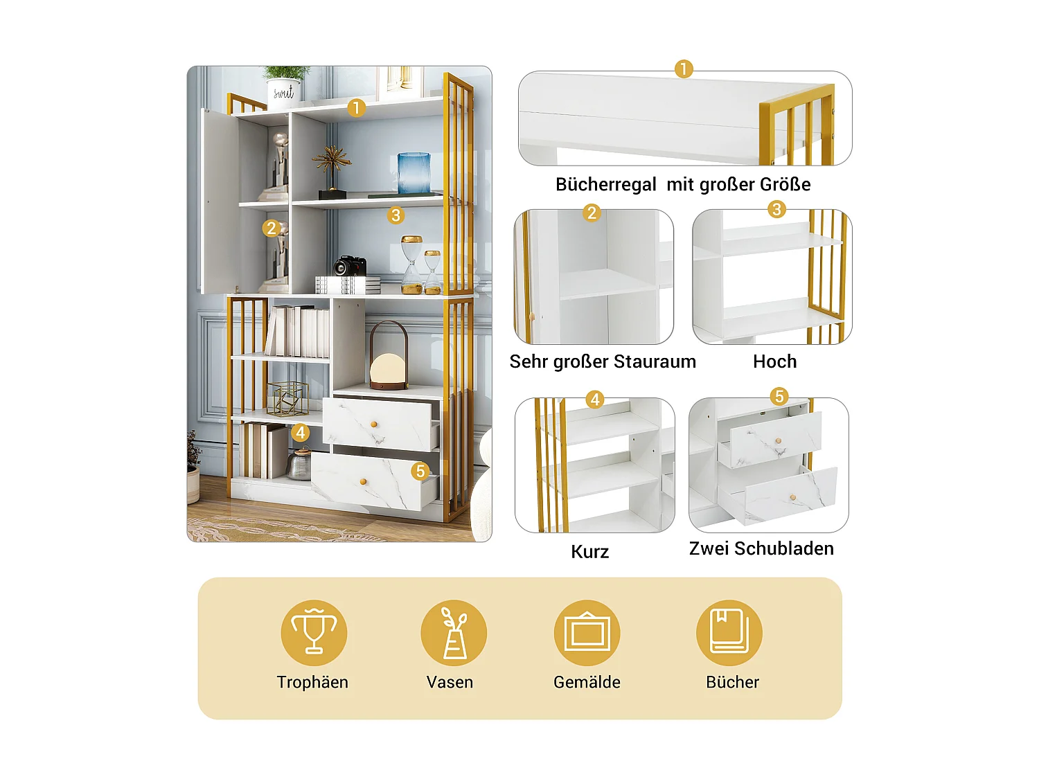 Boekenkast met 6 planken, verticale planken met deuren en laden, industriële metalen planken (100x30x173,5 cm)