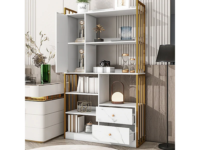 Boekenkast met 6 planken, verticale planken met deuren en laden, industriële metalen planken (100x30x173,5 cm)