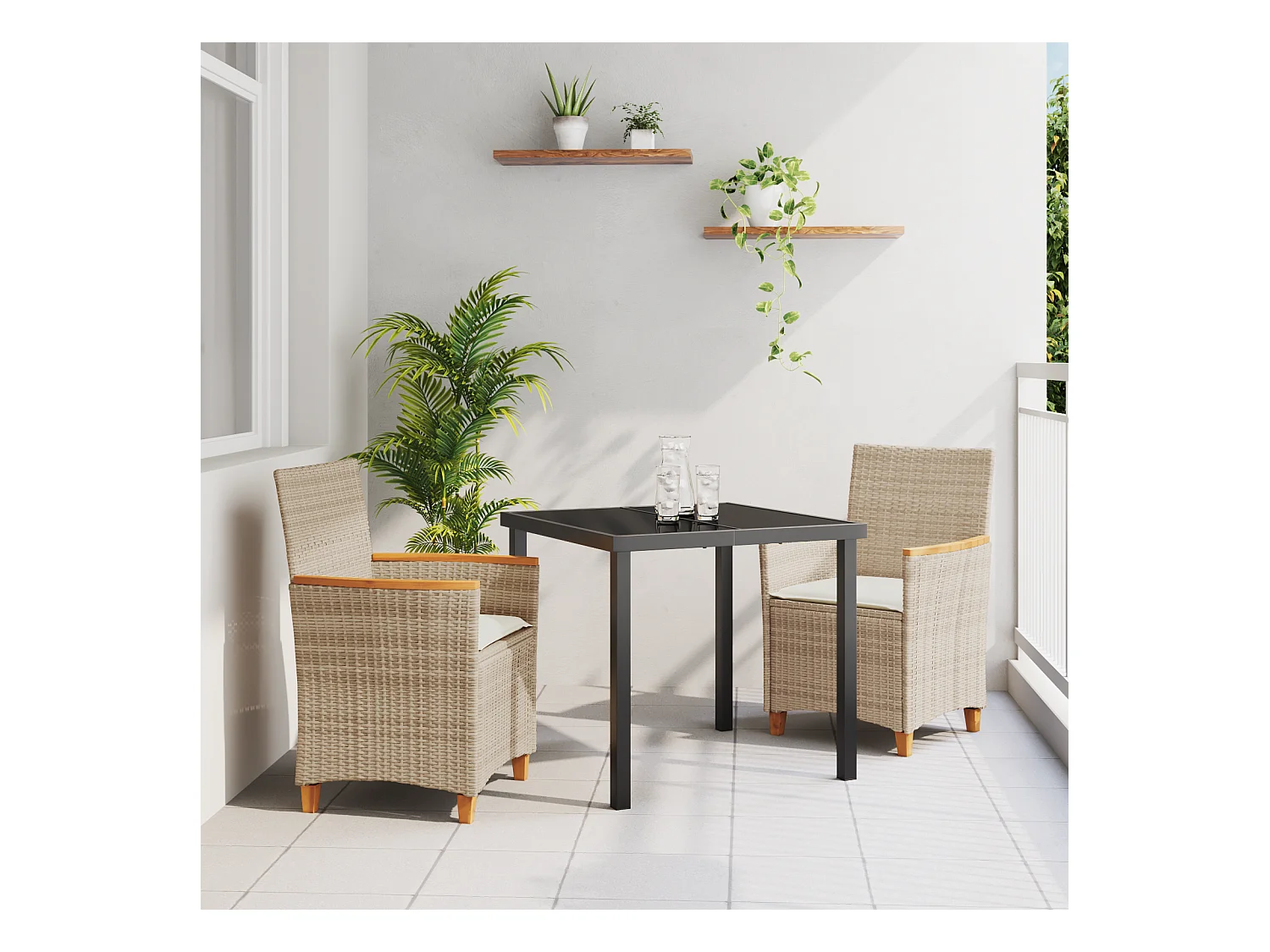 Set da pranzo da giardino 3 pezzi con cuscini in polyrattan beige