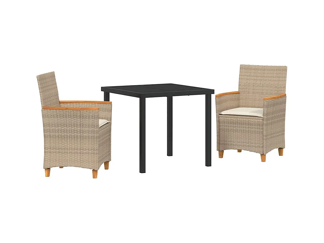 Set da pranzo da giardino 3 pezzi con cuscini in polyrattan beige