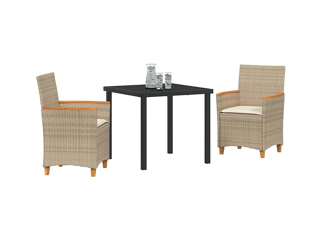Set da pranzo da giardino 3 pezzi con cuscini in polyrattan beige