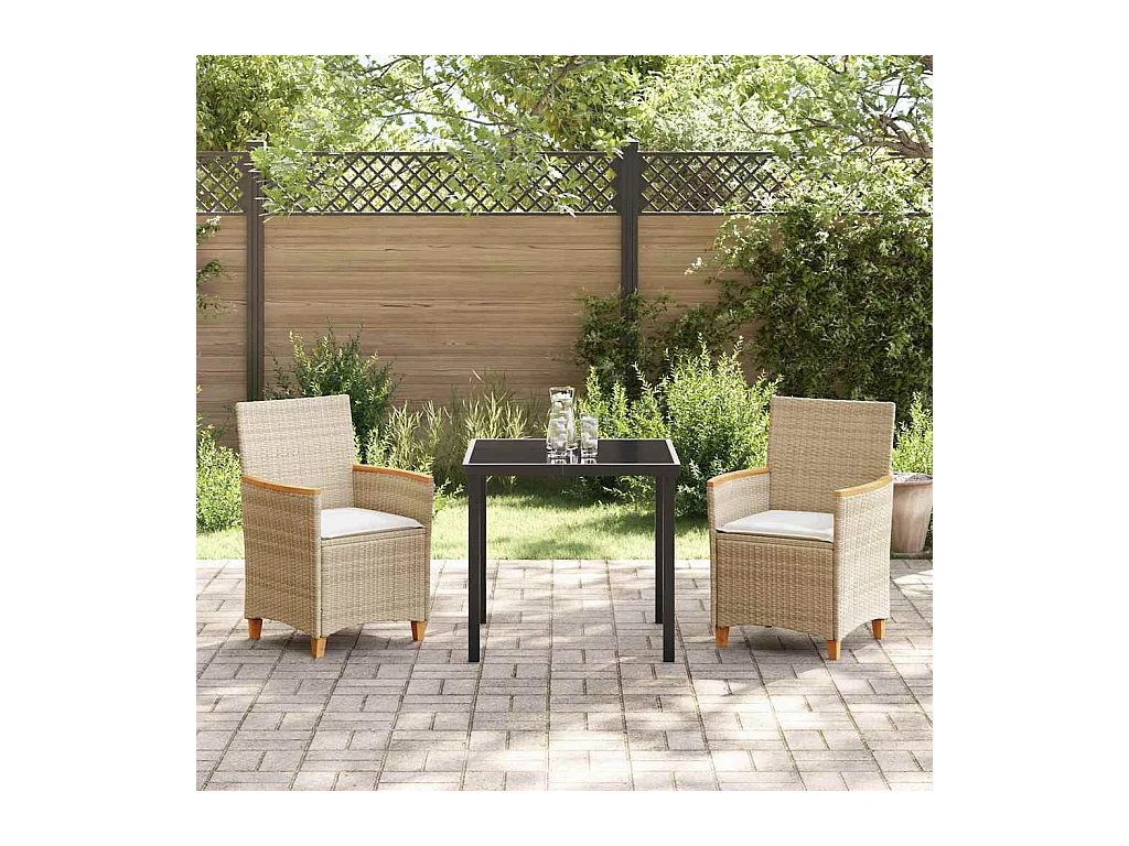 Set da pranzo da giardino 3 pezzi con cuscini in polyrattan beige