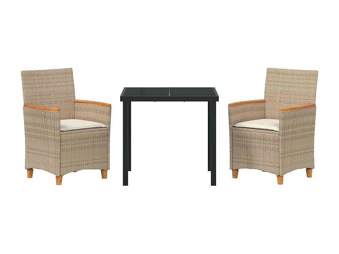Set da pranzo da giardino 3 pezzi con cuscini in polyrattan beige