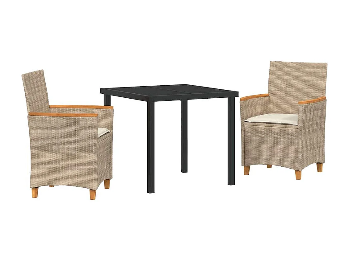 Ensemble de salle à manger de jardin 3 pièces avec coussins en rattan poly beige