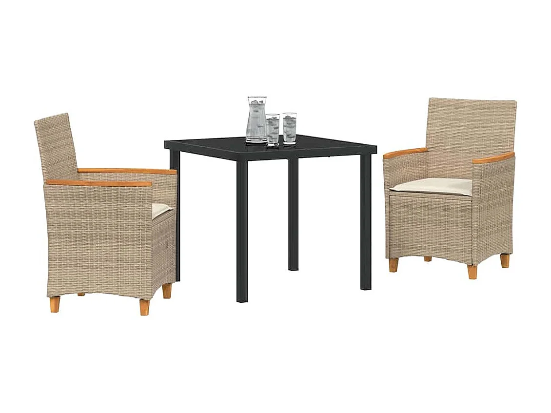 Ensemble de salle à manger de jardin 3 pièces avec coussins en rattan poly beige