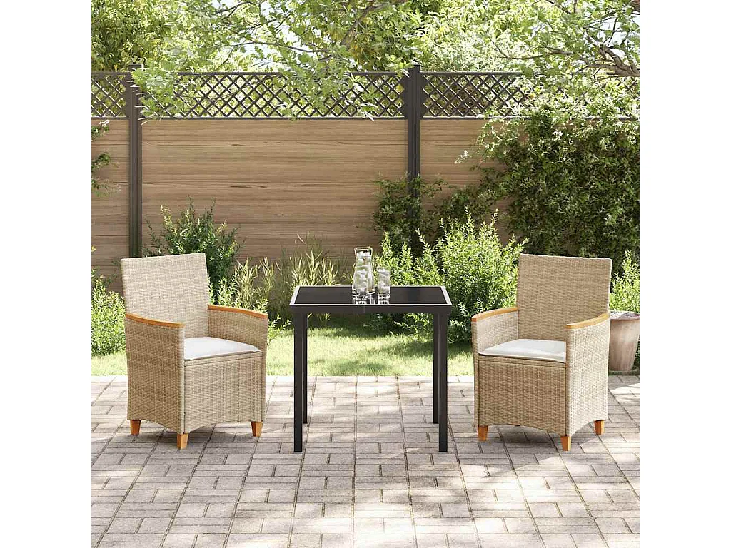 Ensemble de salle à manger de jardin 3 pièces avec coussins en rattan poly beige