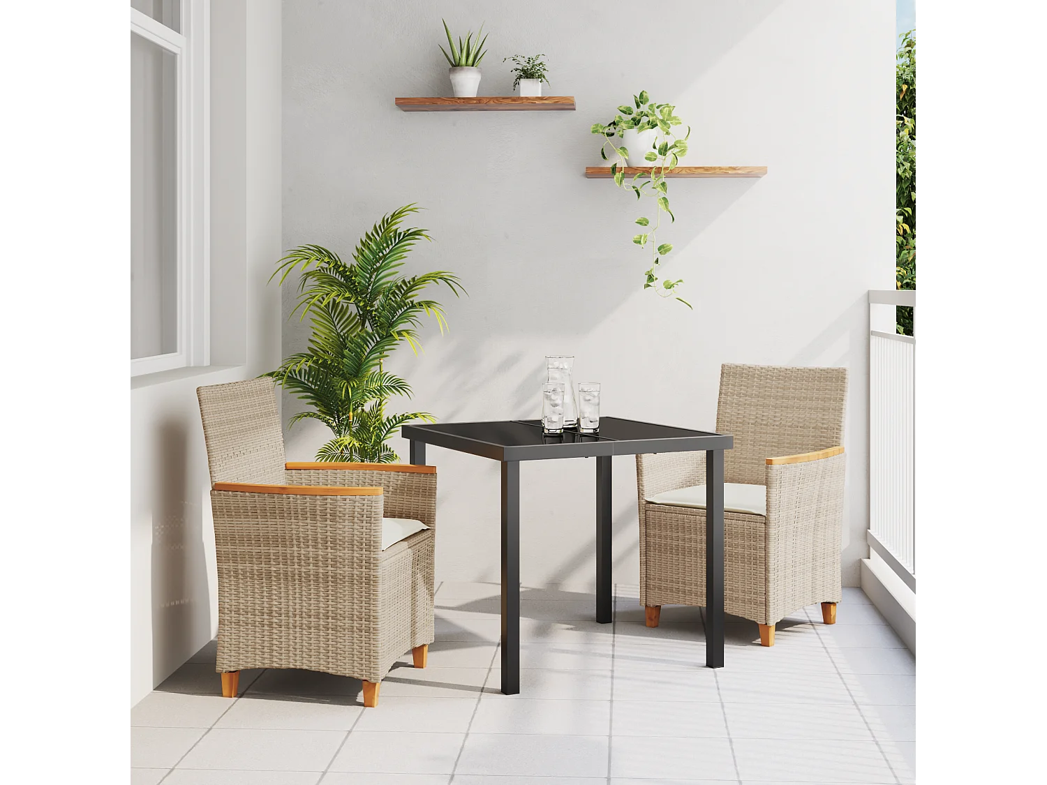 Ensemble de salle à manger de jardin 3 pièces avec coussins en rattan poly beige