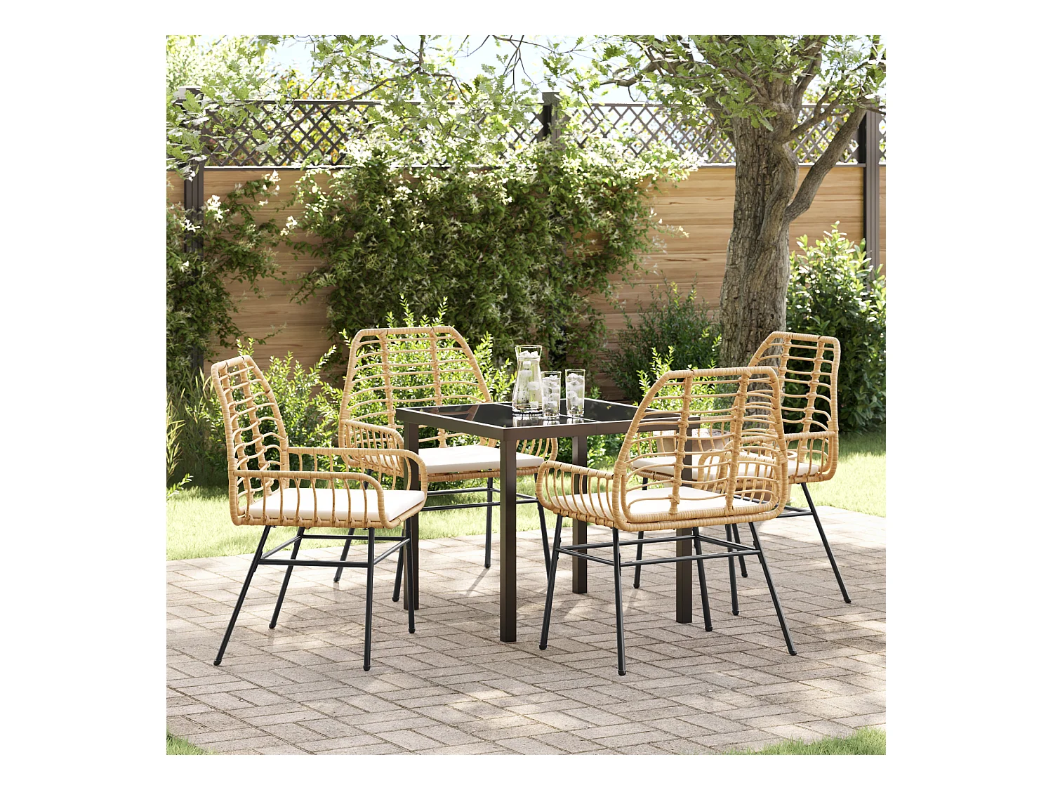 Set da pranzo da giardino 5 pezzi con cuscini in polyrattan marrone