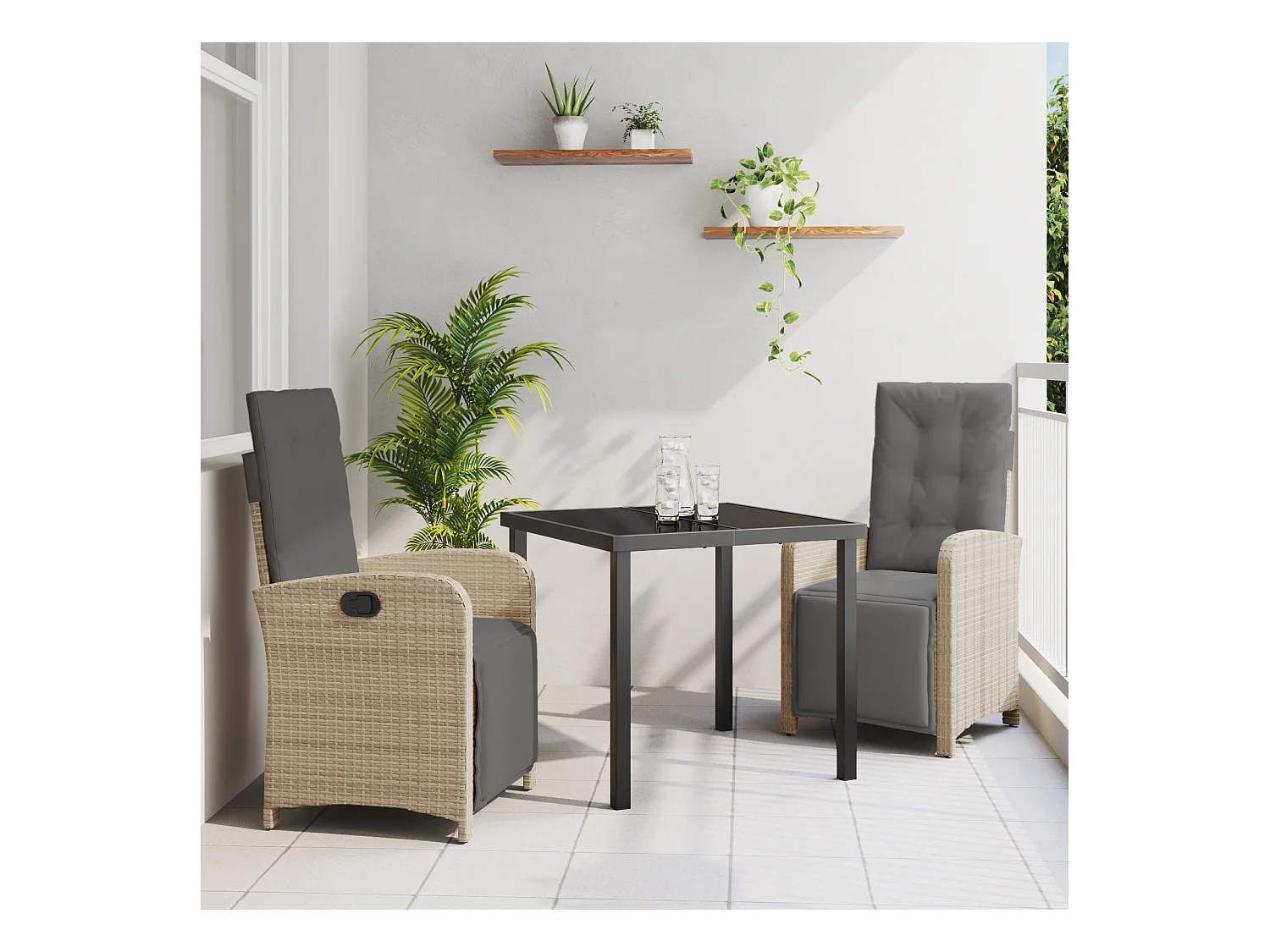 Set da pranzo da giardino 3 pezzi con cuscini in polyrattan beige
