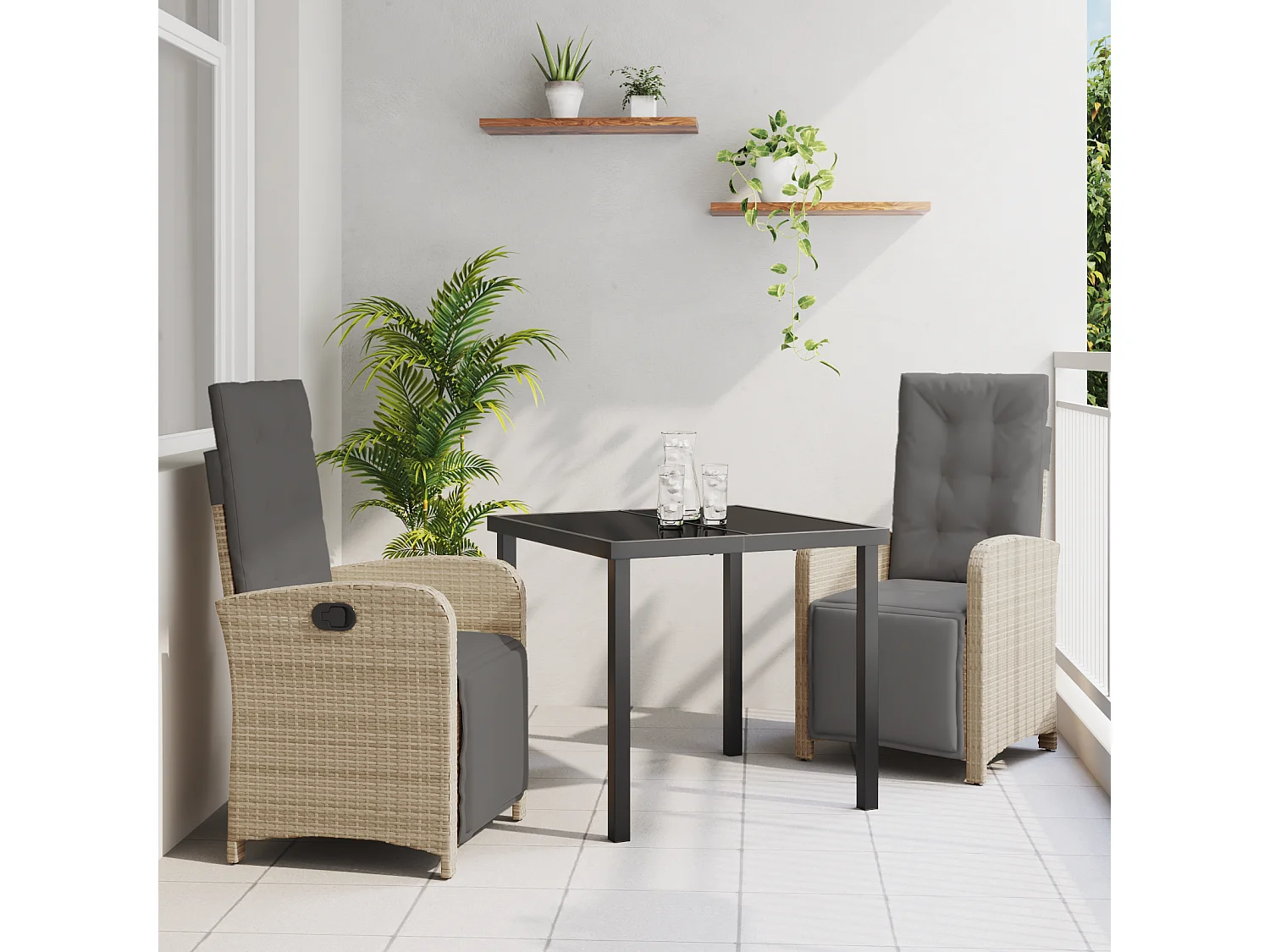 Ensemble de Repas de Jardin 3 Pièces avec Coussins en Rattan Poly Beige
