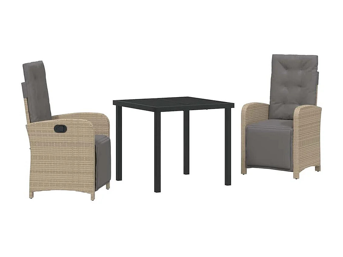 Ensemble de Repas de Jardin 3 Pièces avec Coussins en Rattan Poly Beige