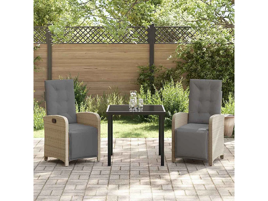 Ensemble de Repas de Jardin 3 Pièces avec Coussins en Rattan Poly Beige