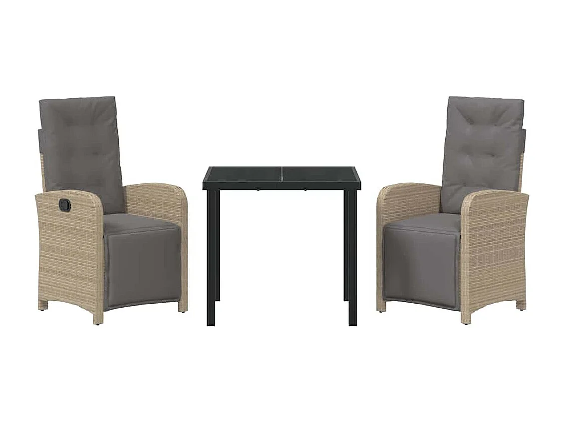 Ensemble de Repas de Jardin 3 Pièces avec Coussins en Rattan Poly Beige