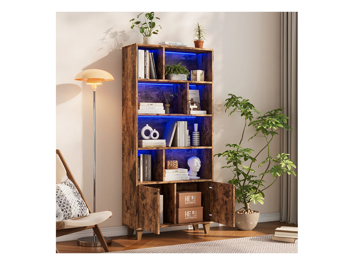 Bibliothèque avec LED ambiance, pieds en bois massif, MDF, brun (80x30x173 cm)