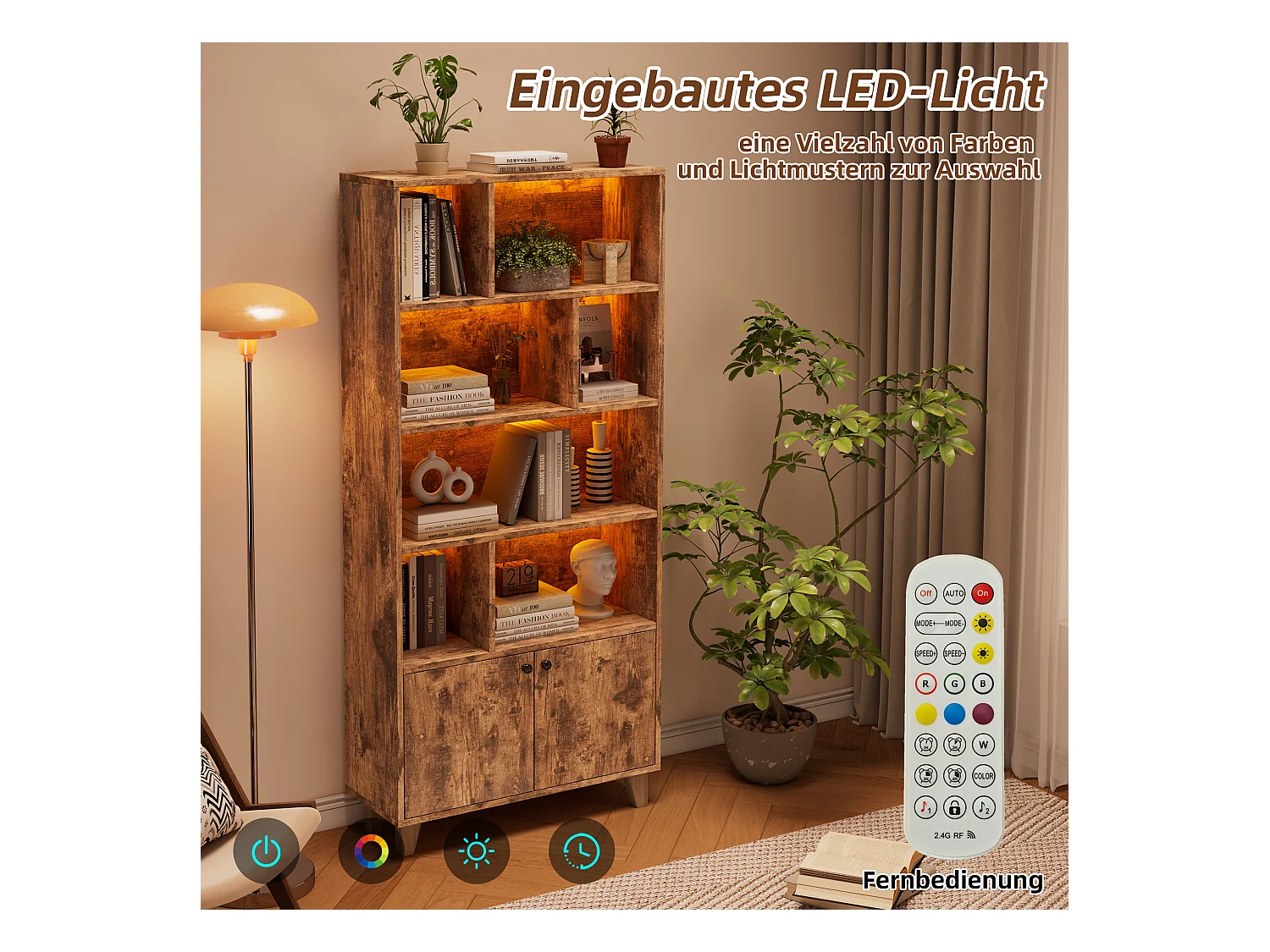 Bibliothèque avec LED ambiance, pieds en bois massif, MDF, brun (80x30x173 cm)