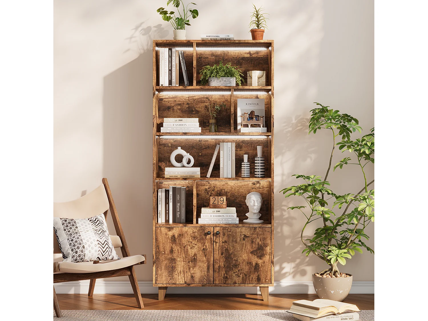 Bibliothèque avec LED ambiance, pieds en bois massif, MDF, brun (80x30x173 cm)