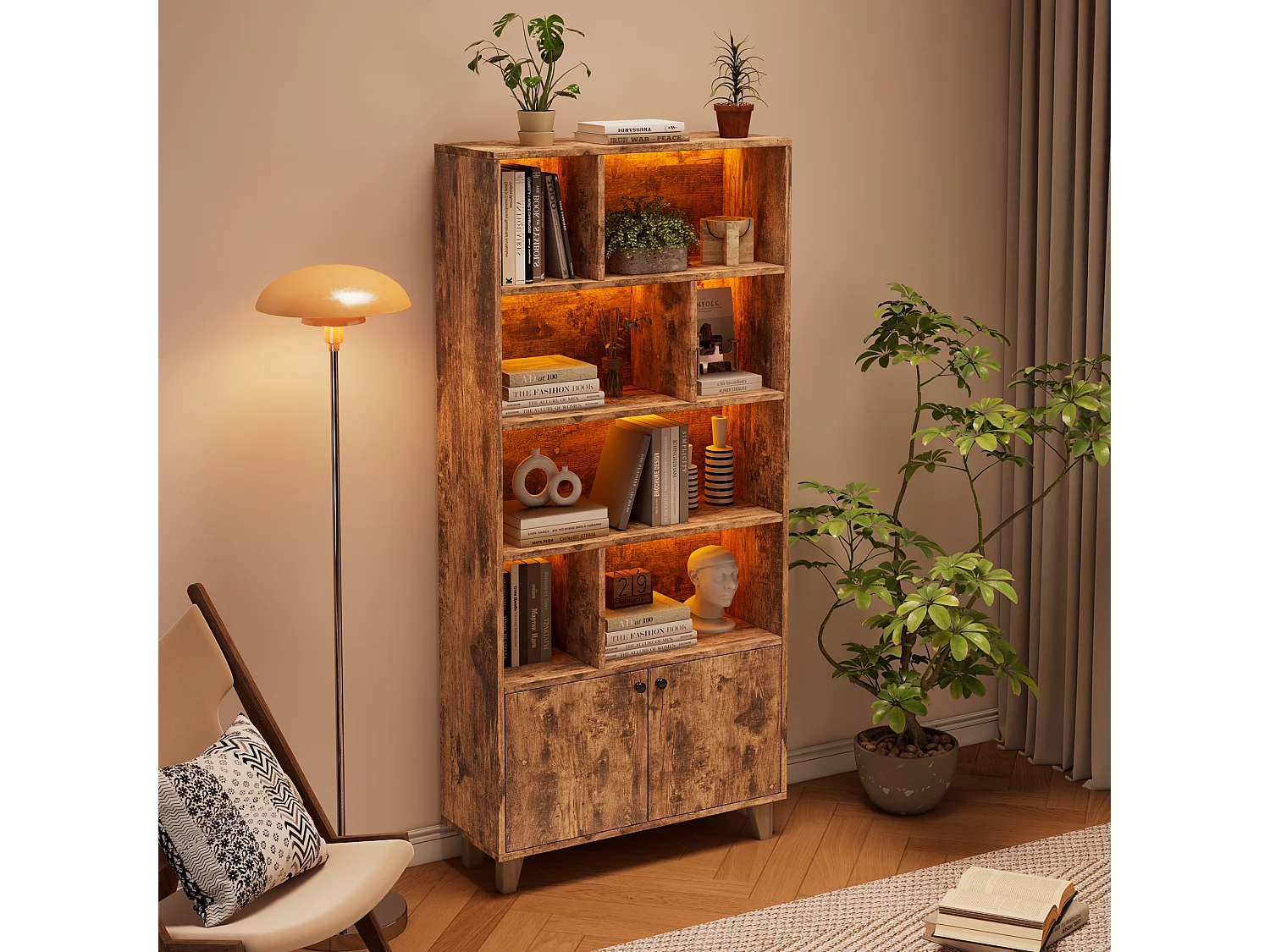 Bibliothèque avec LED ambiance, pieds en bois massif, MDF, brun (80x30x173 cm)