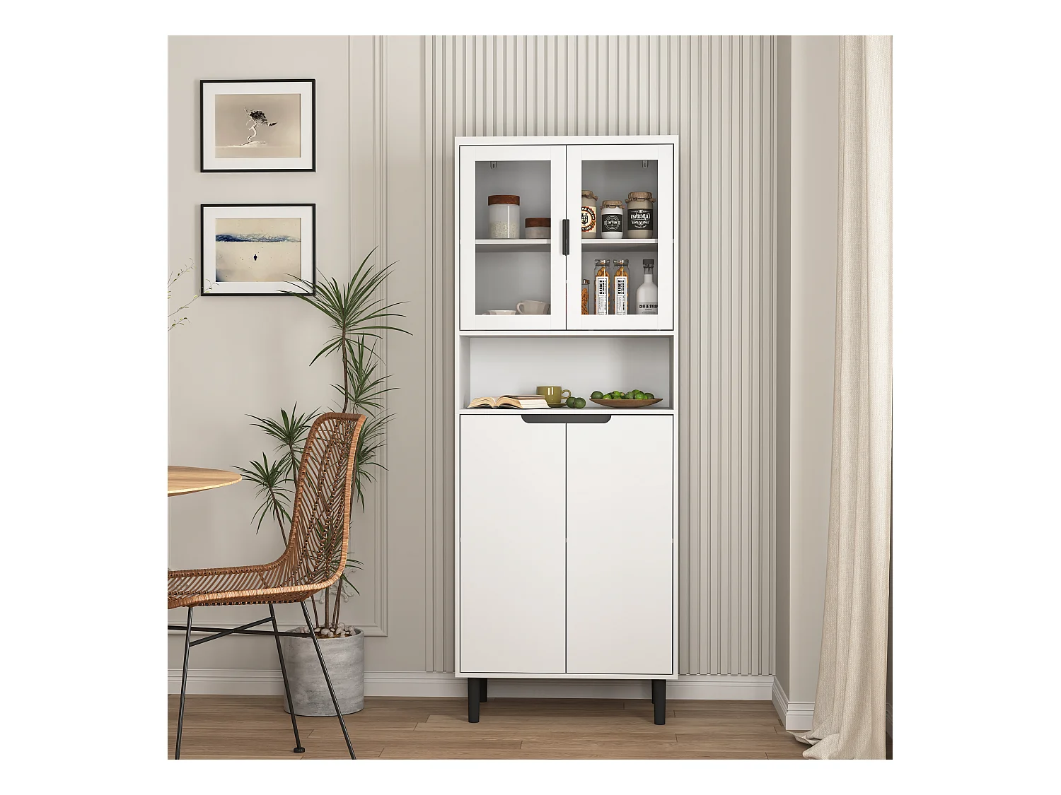 Bibliothèque avec portes en verre trempé, étagères réglables, MDF laqué, blanc (60x35x160 cm)