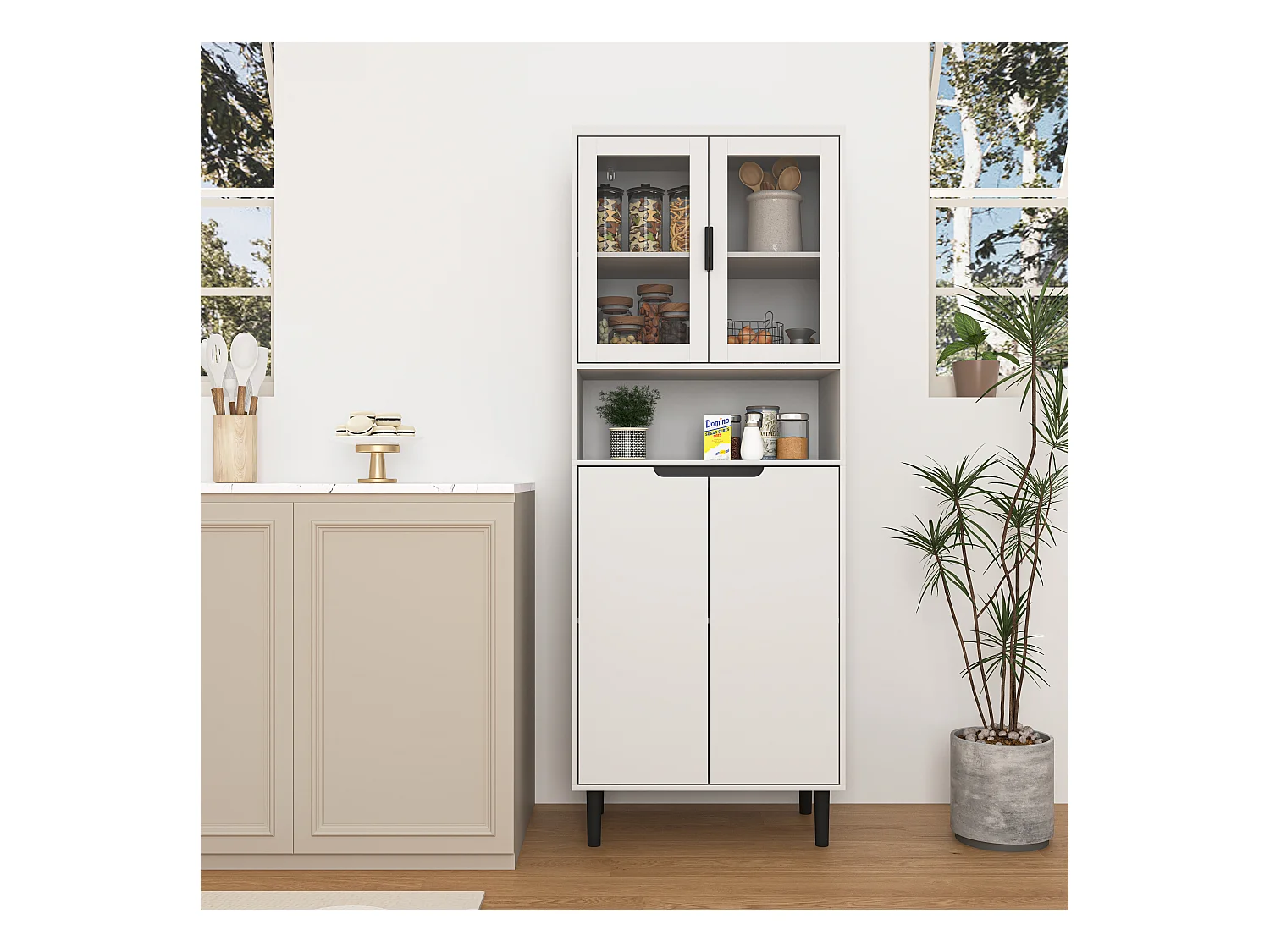 Bibliothèque avec portes en verre trempé, étagères réglables, MDF laqué, blanc (60x35x160 cm)